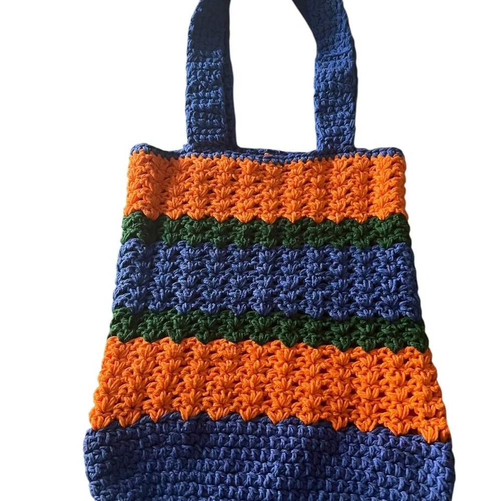 Handmade Striped Crochet Tote Bag - Blue, Orange & Green